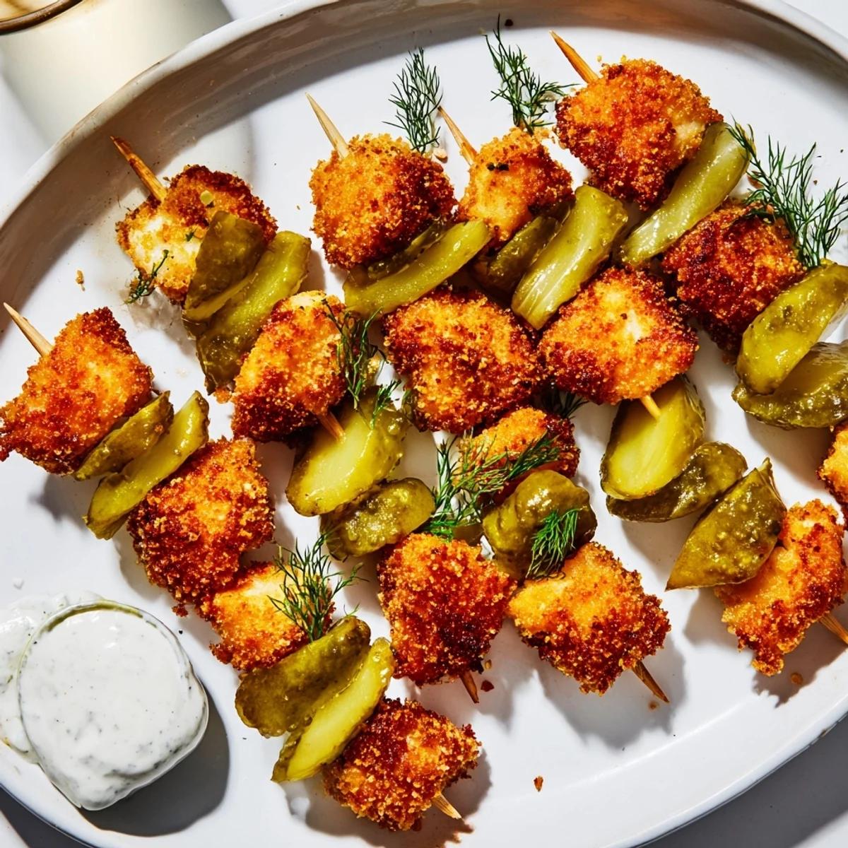 Delicious Pickle Popcorn Chicken Skewers drizzled with honey mustard for flavorful bites.  