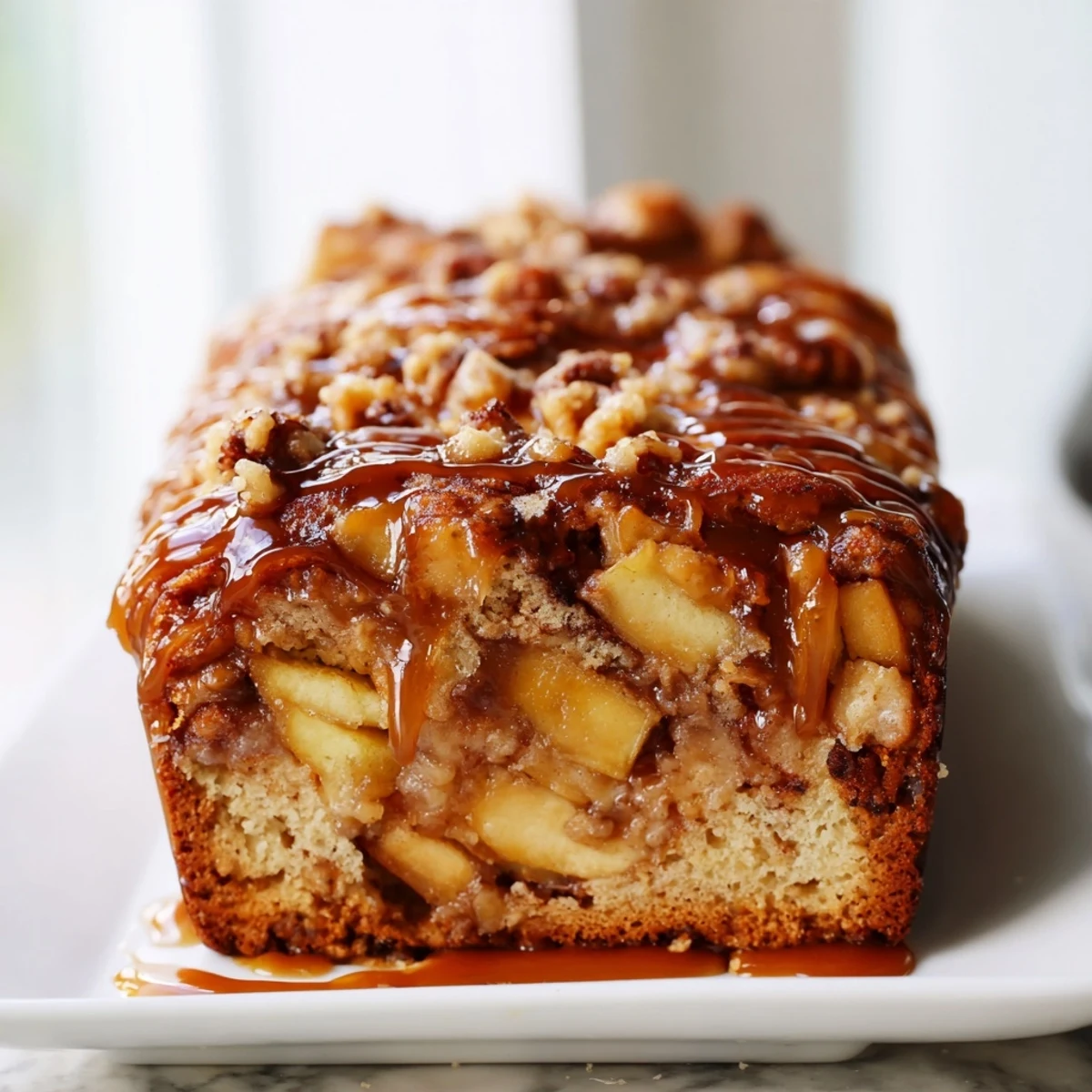 Sliced salted caramel apple fritter loaf served warm, perfect with vanilla ice cream.