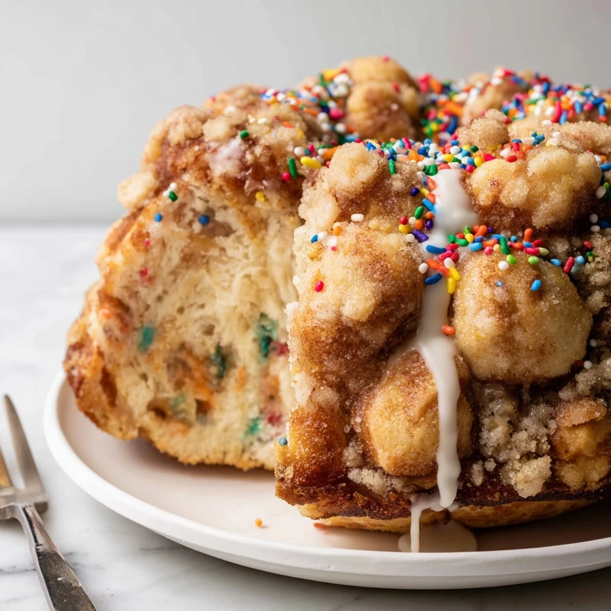 Festive pull-apart Funfetti Coffee Cake Monkey Bread perfect for brunch gatherings.  