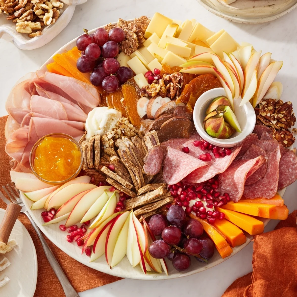 Vibrant autumn “Chaos” charcuterie board filled with meats, cheeses, and seasonal fruits.  