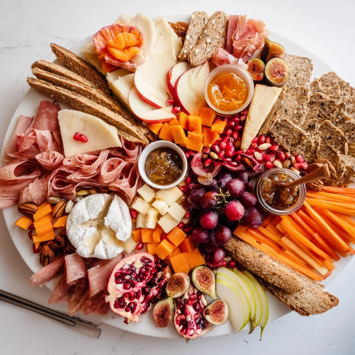 Inviting autumn “Chaos” charcuterie board featuring creamy cheeses and crunchy pumpkin seeds.