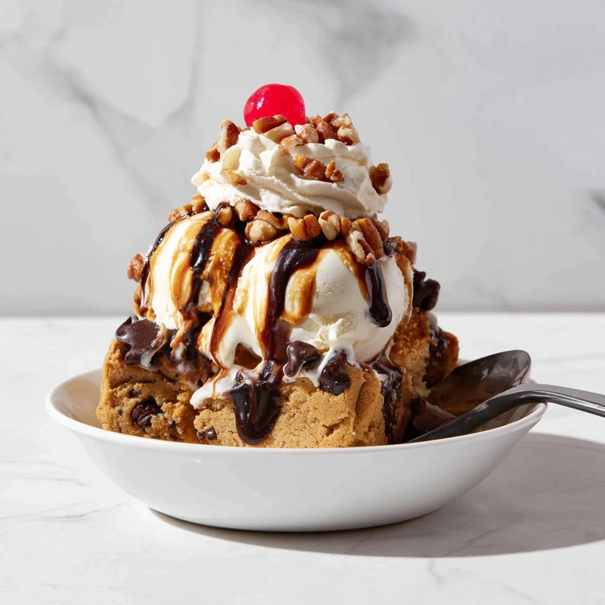 Indulgent Cookie Dough Chaos Bar Sundae topped with whipped cream and a cherry.  