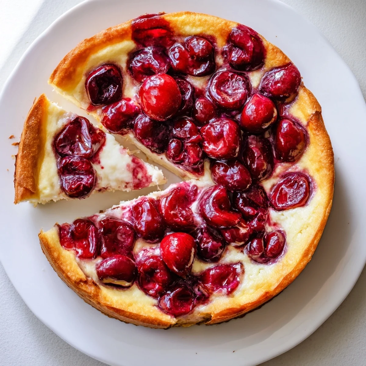 Creamy cherry cheesecake muffin pie topped with juicy cherries and golden crust.  