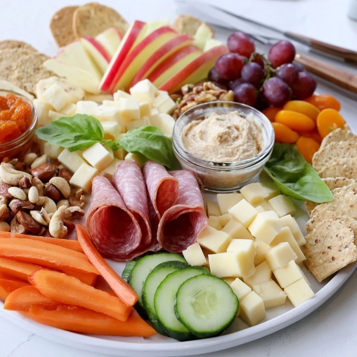 A colorful Girl Dinner Platter with assorted cheeses, fruits, and dips.  