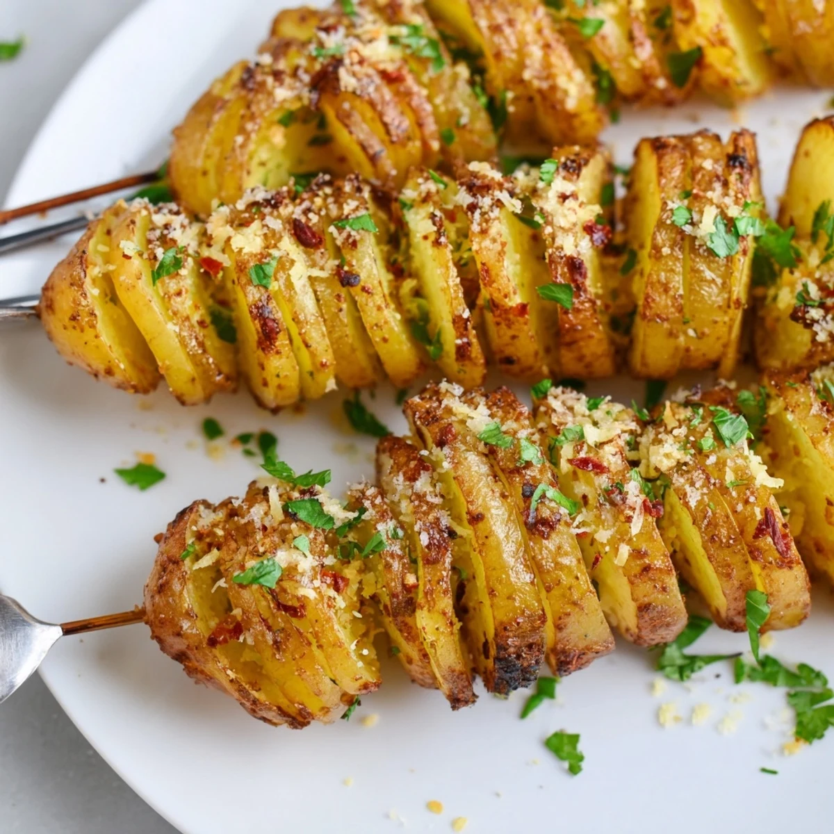 Crispy air-fryer tornado potatoes garnished with parsley and spices for a delightful snack.  