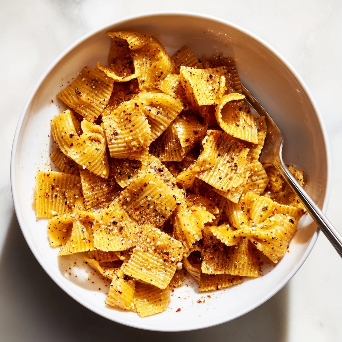 Golden pasta chips drizzled with olive oil and aromatic herbs for tasty snacking.