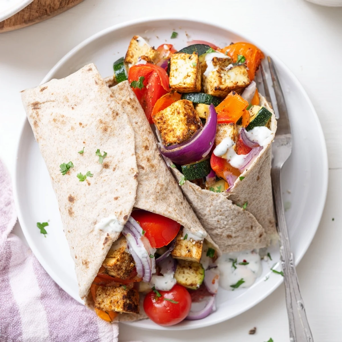 Vegan Viral Recipe Re-make featuring roasted tofu and colorful veggies on whole wheat wrap.  