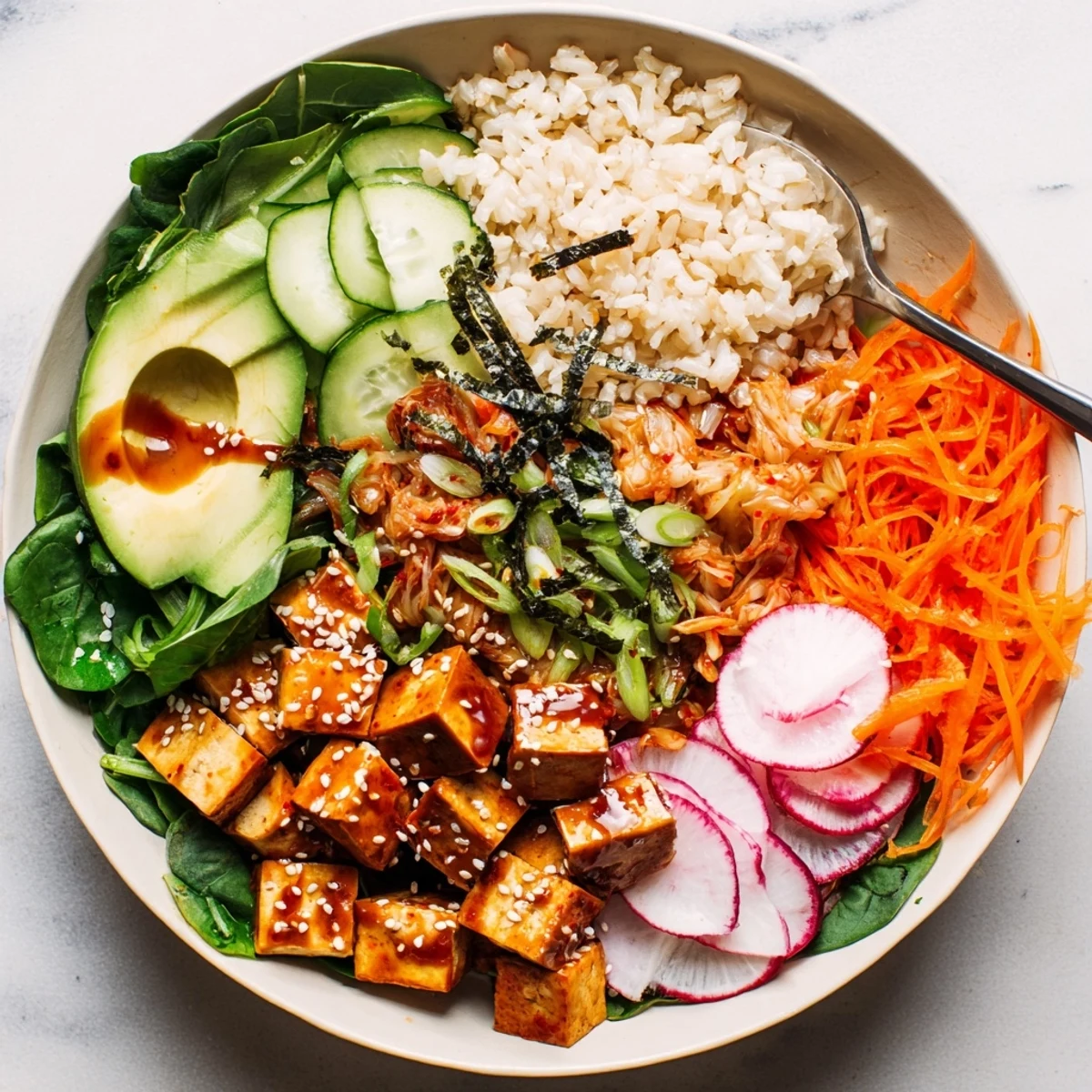 Vibrant fermented vegetable bowl topped with avocado, radishes, and crunchy sesame seeds.