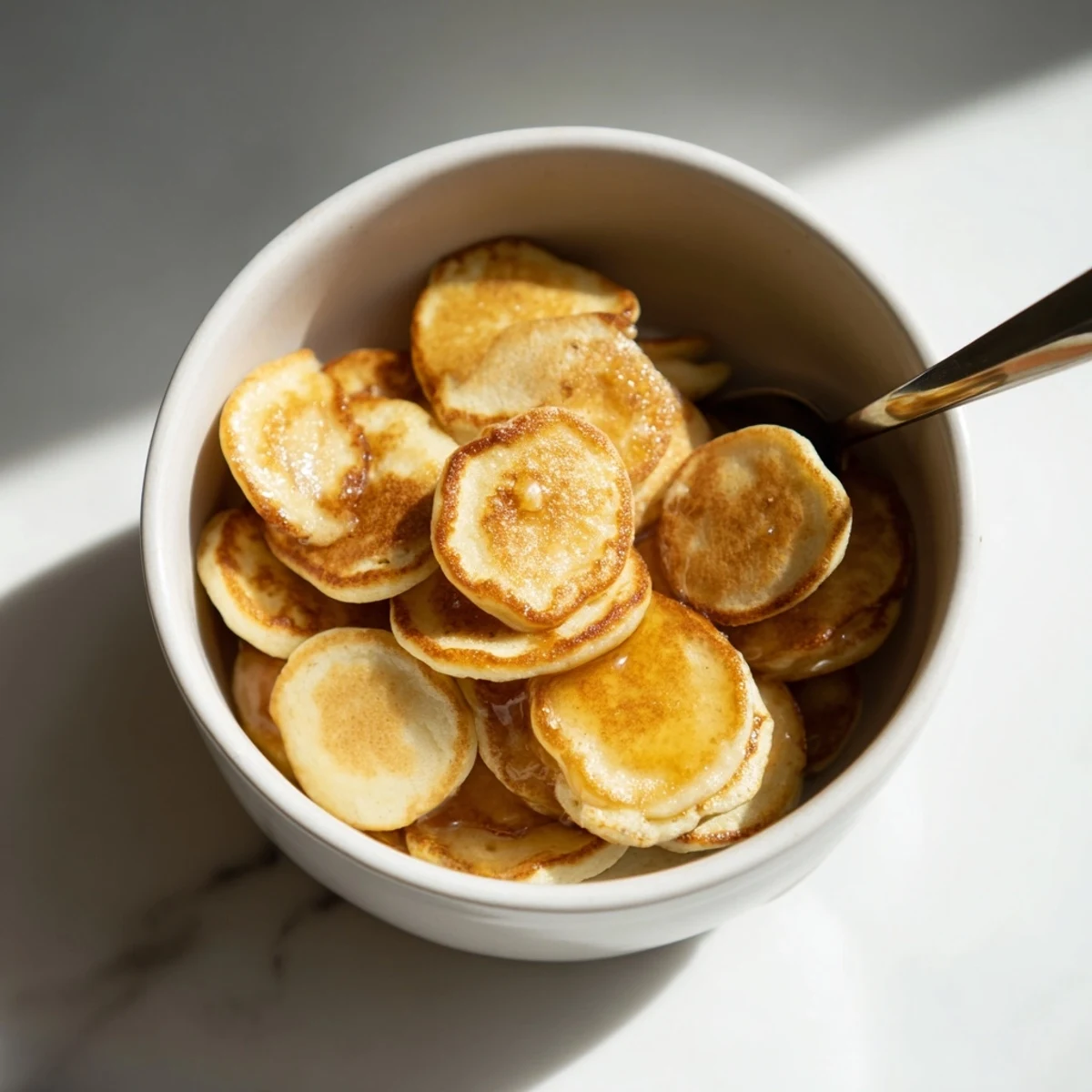 Bite-sized Mini Pancake Cereal piled high, drizzled with syrup and fresh berries.  
