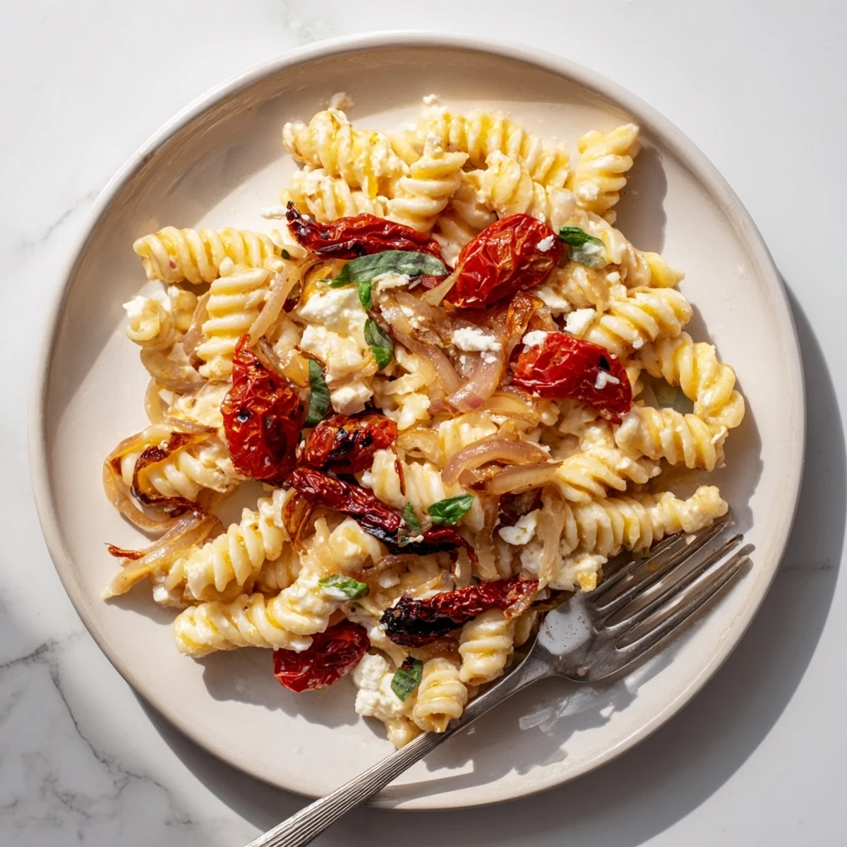 Creamy baked feta pasta topped with caramelized onions and sun-dried tomatoes.