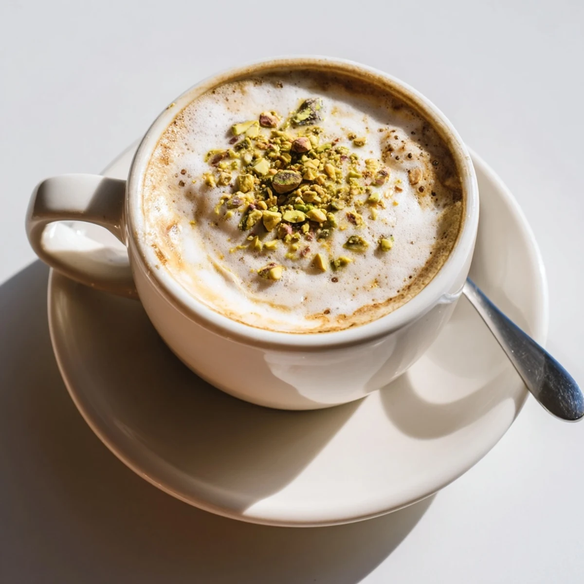 Creamy pistachio milk latte topped with crushed nuts for a delightful morning treat.  