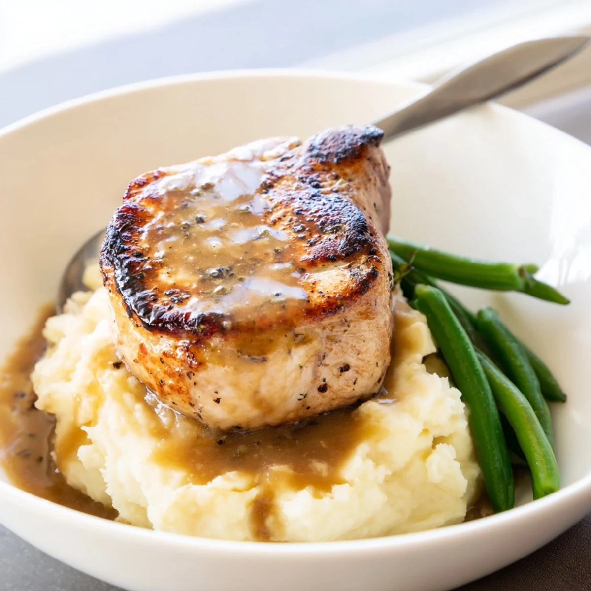 Juicy pork chops beautifully plated over creamy cheddar mash, drizzled with savory gravy.