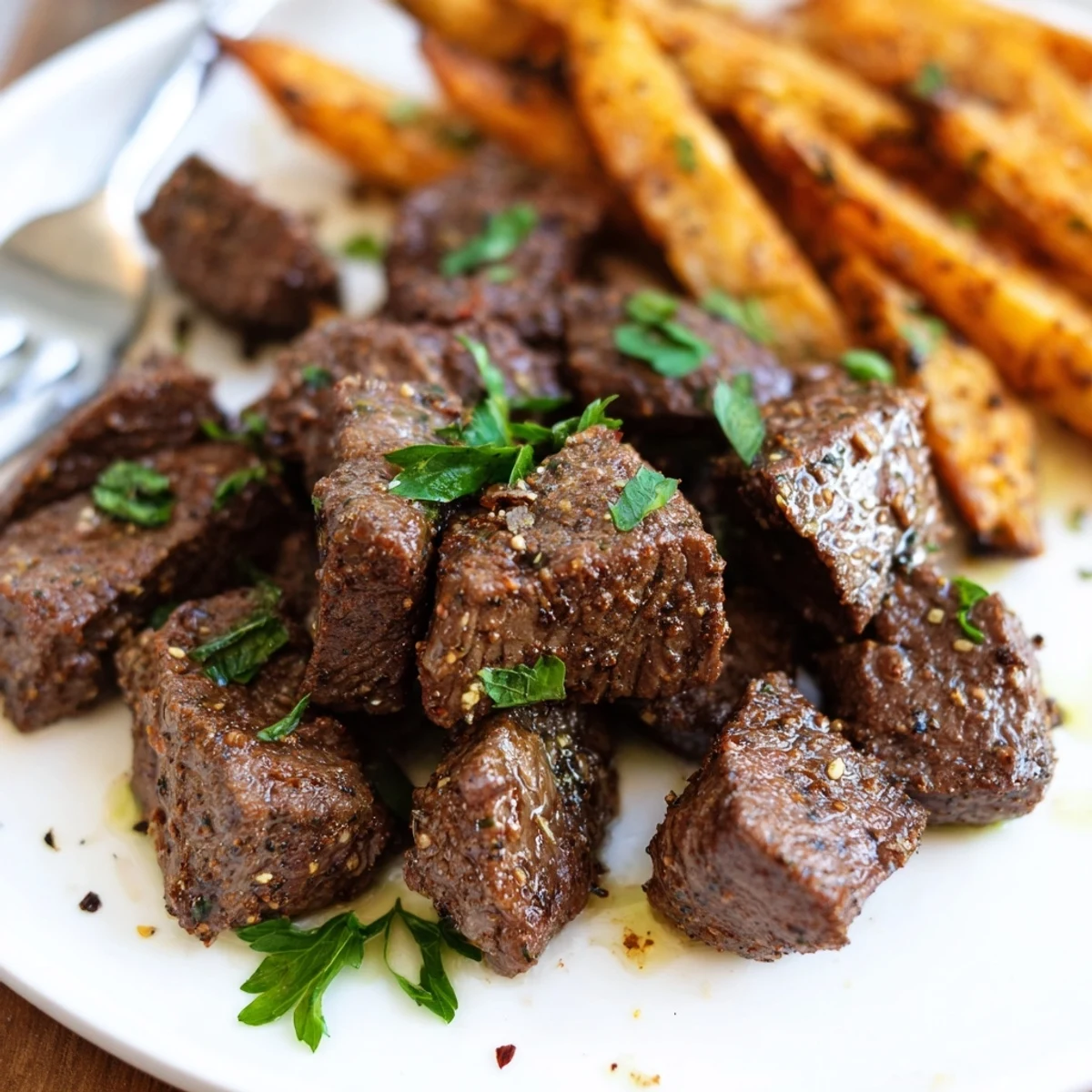 Sizzling blackened Cajun steak bites, perfectly seared and served with crispy fries.  