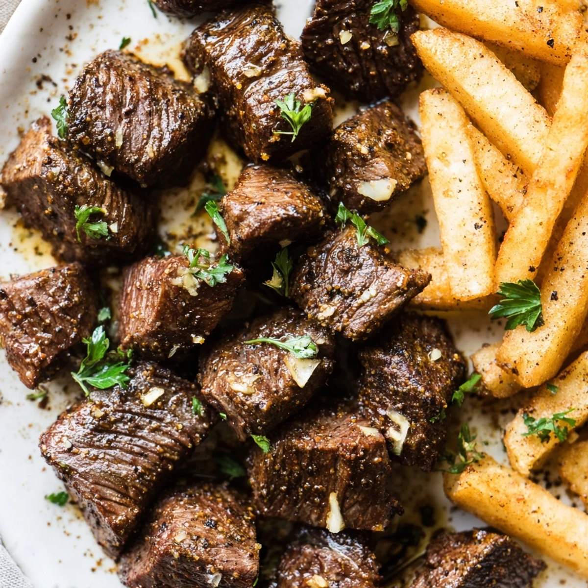 Golden crispy fries accompany spicy blackened Cajun steak bites for a delicious feast.  