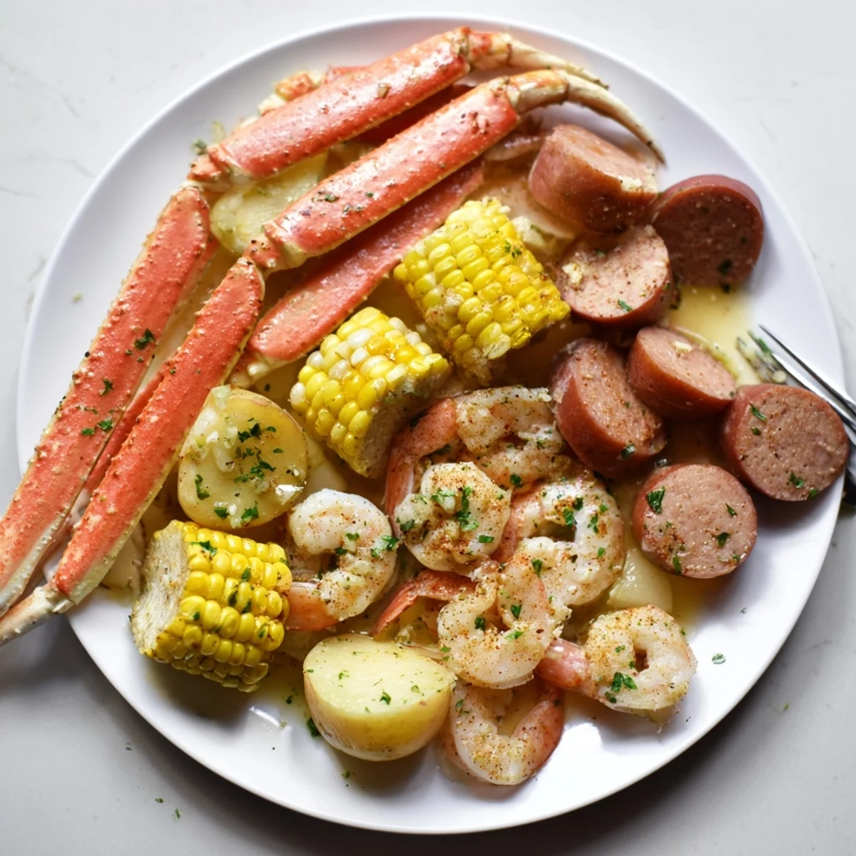 A vibrant seafood boil with crab, shrimp, and sausage served on a platter.  