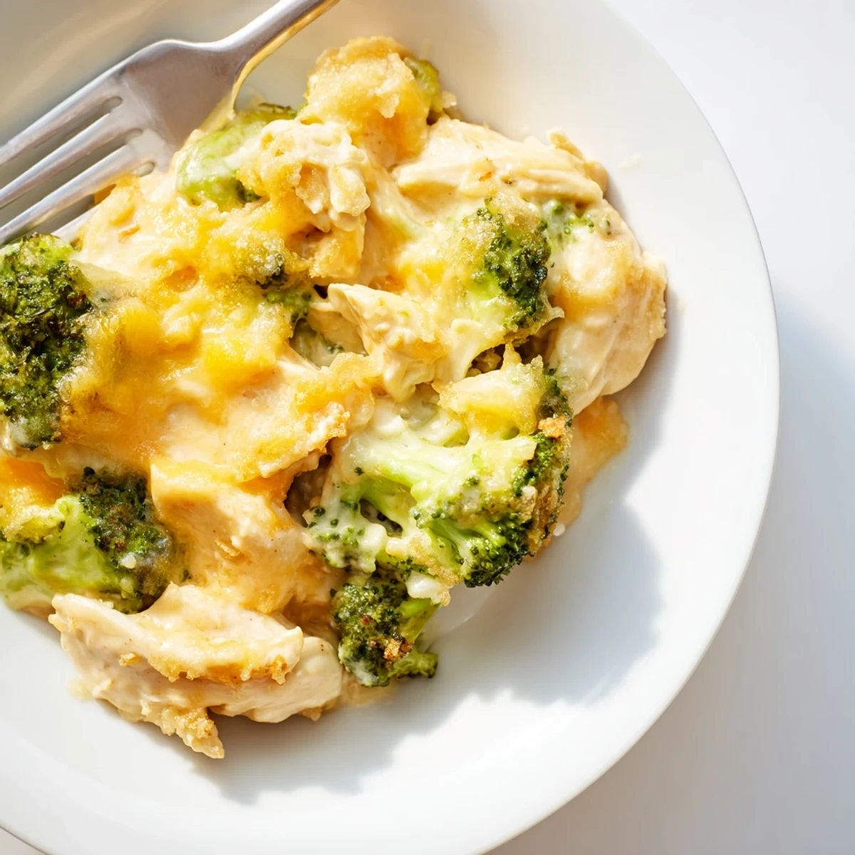Creamy Chicken & Broccoli Cheddar Bake with golden cheese crust for cozy family dinners.  