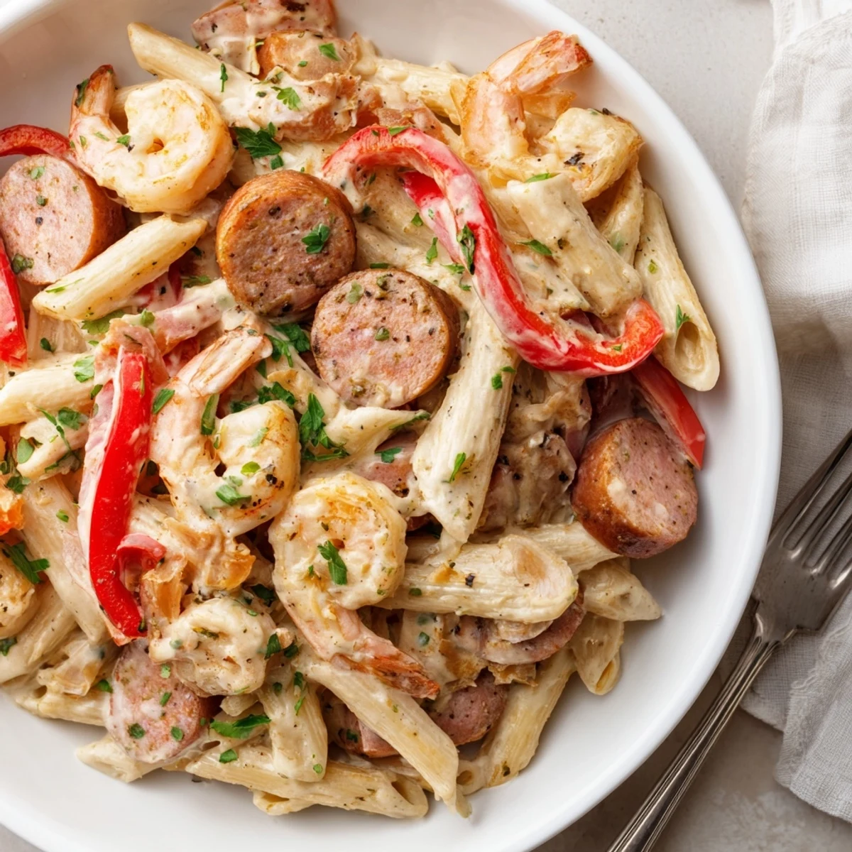 A vibrant Cajun Sausage & Shrimp Alfredo Pasta Skillet crowned with fresh parsley.  