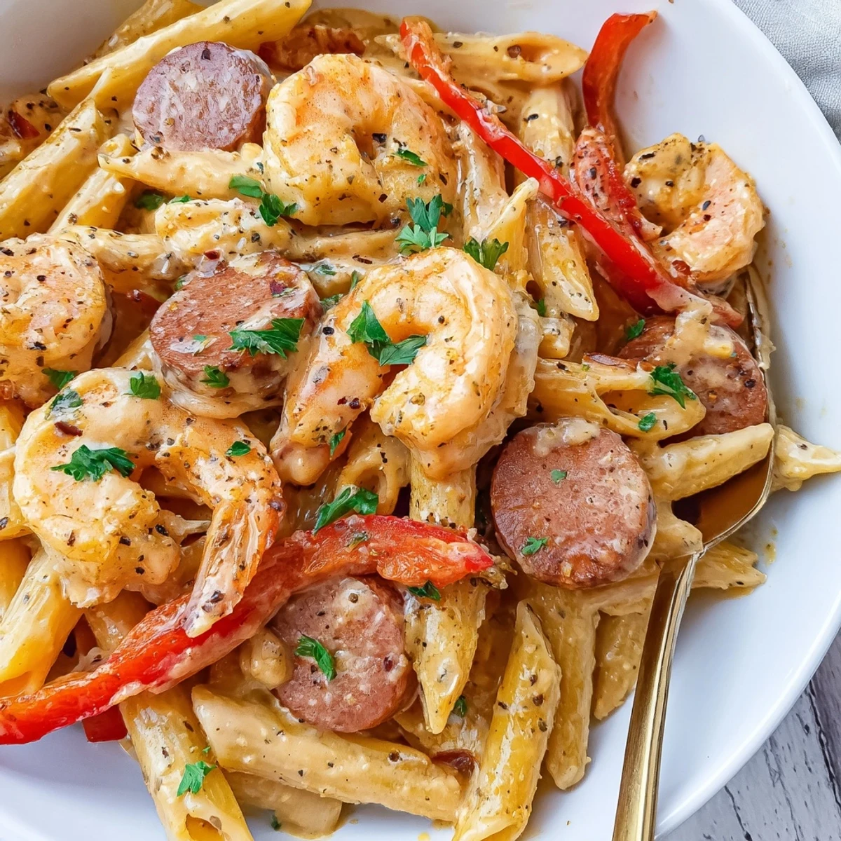 Creamy Cajun Sausage & Shrimp Alfredo Pasta Skillet tempting with smokiness and bold flavors.  