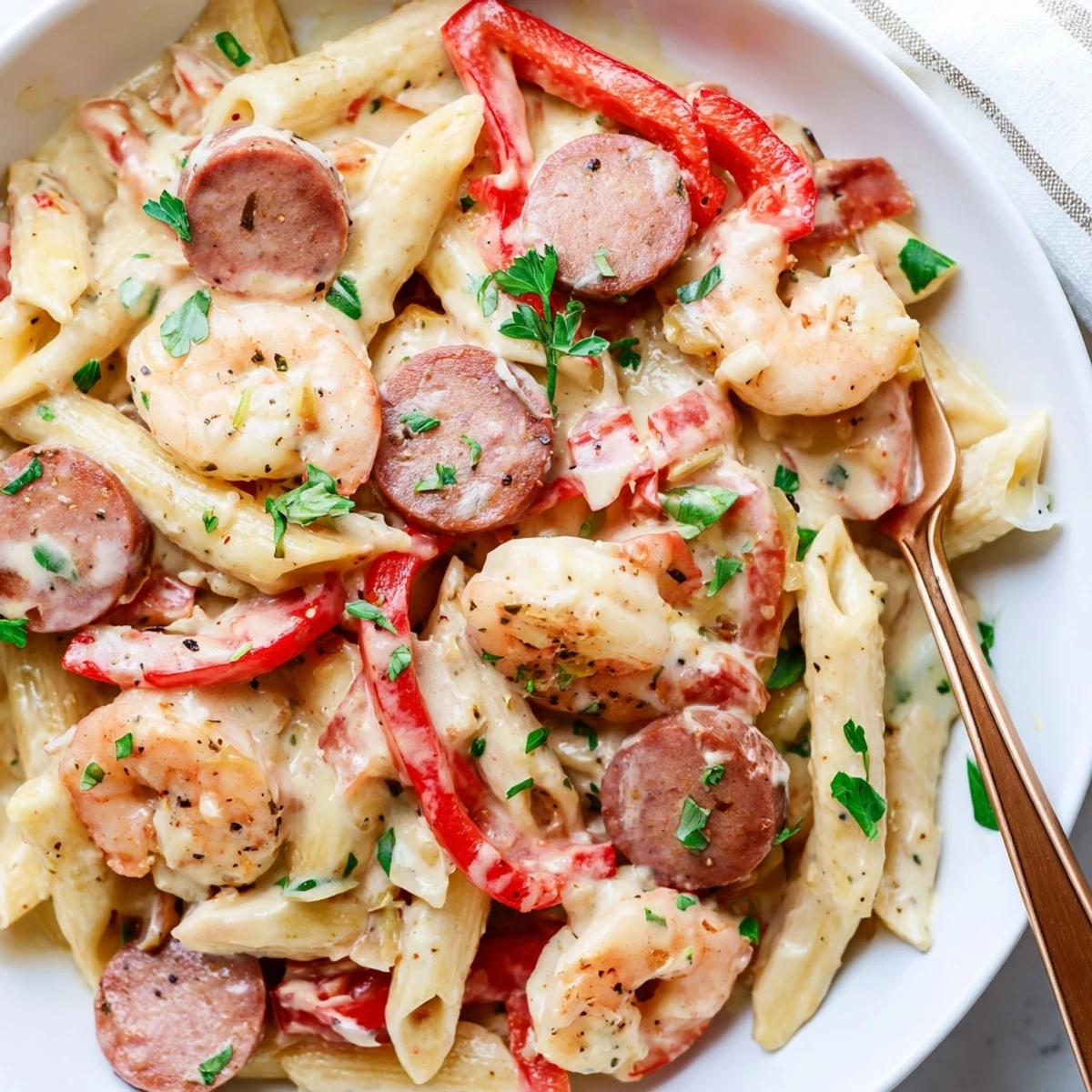 Delicious Cajun Sausage & Shrimp Alfredo Pasta Skillet ready to please your dinner guests.