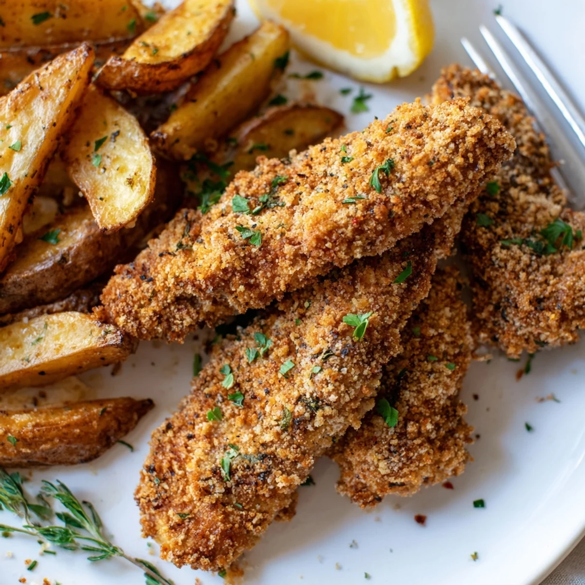 Juicy herbed chicken tenders paired with crispy potato wedges for a delicious meal.  
