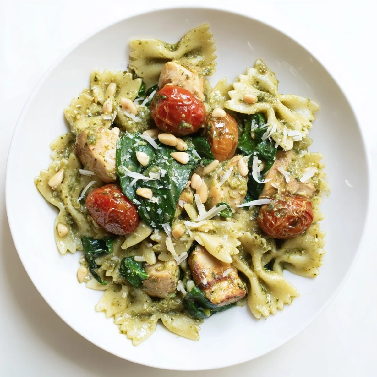 Creamy Pesto Chicken Bowtie Pasta with colorful cherry tomatoes and tender chicken pieces.