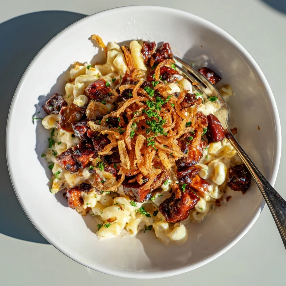 Easy One-Pot Honey BBQ Chicken Mac and Cheese topped with crispy onions and fresh parsley.  