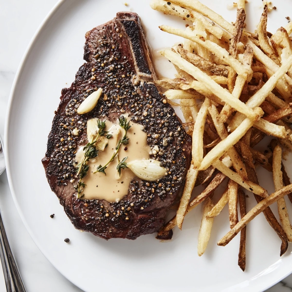 Savory Classic Peppercorn Ribeye garnished with thyme, paired with delicious crispy fries.  