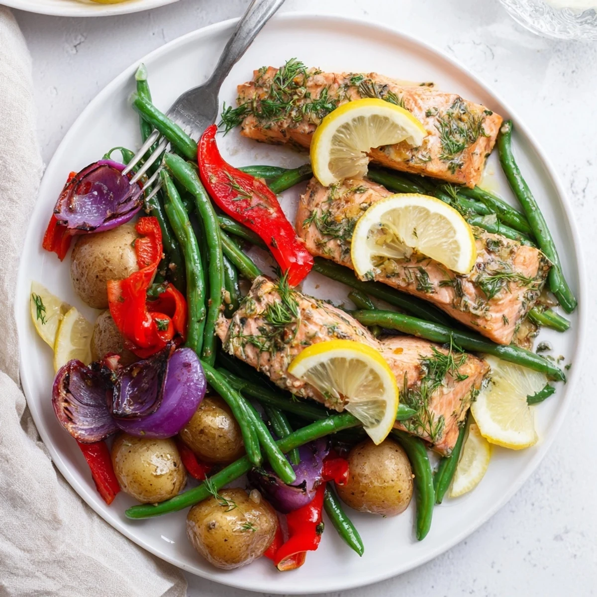 Crispy roasted potatoes and lemon herb salmon on a vibrant sheet pan.