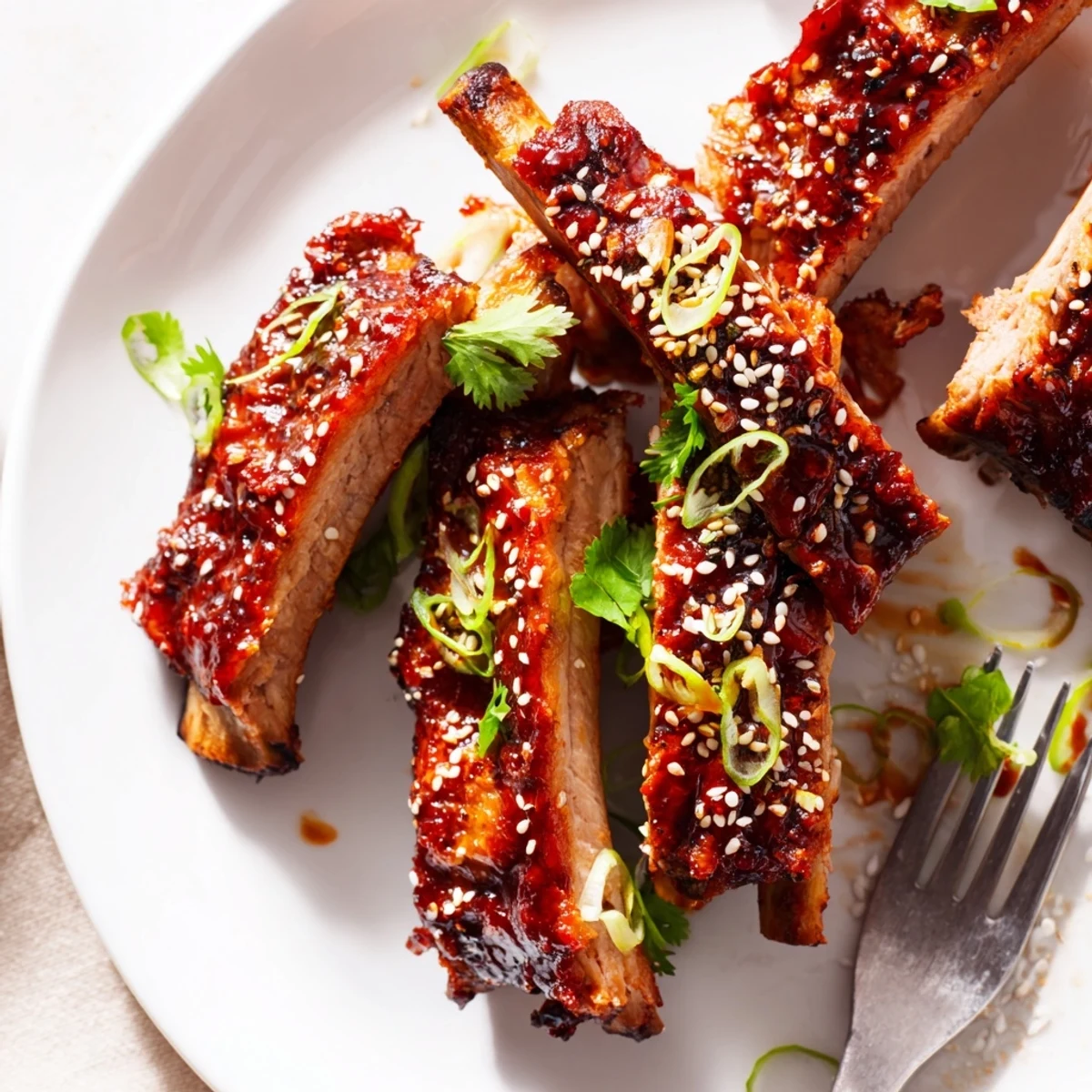 Tender pork ribs drizzled with a sweet-and-spicy sriracha honey glaze, ready to enjoy. 