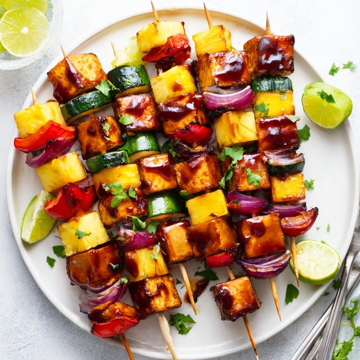 Colorful BBQ tofu and pineapple skewers, perfect for summer gatherings and outdoor grilling.  