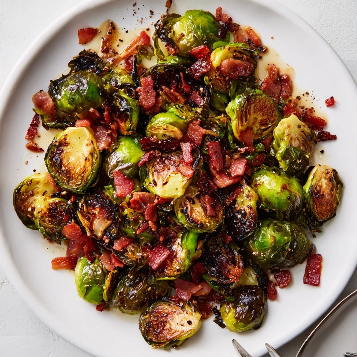 Savory Maple Bacon Brussels Sprouts roasted to perfection, adding flavor to any dinner table.  