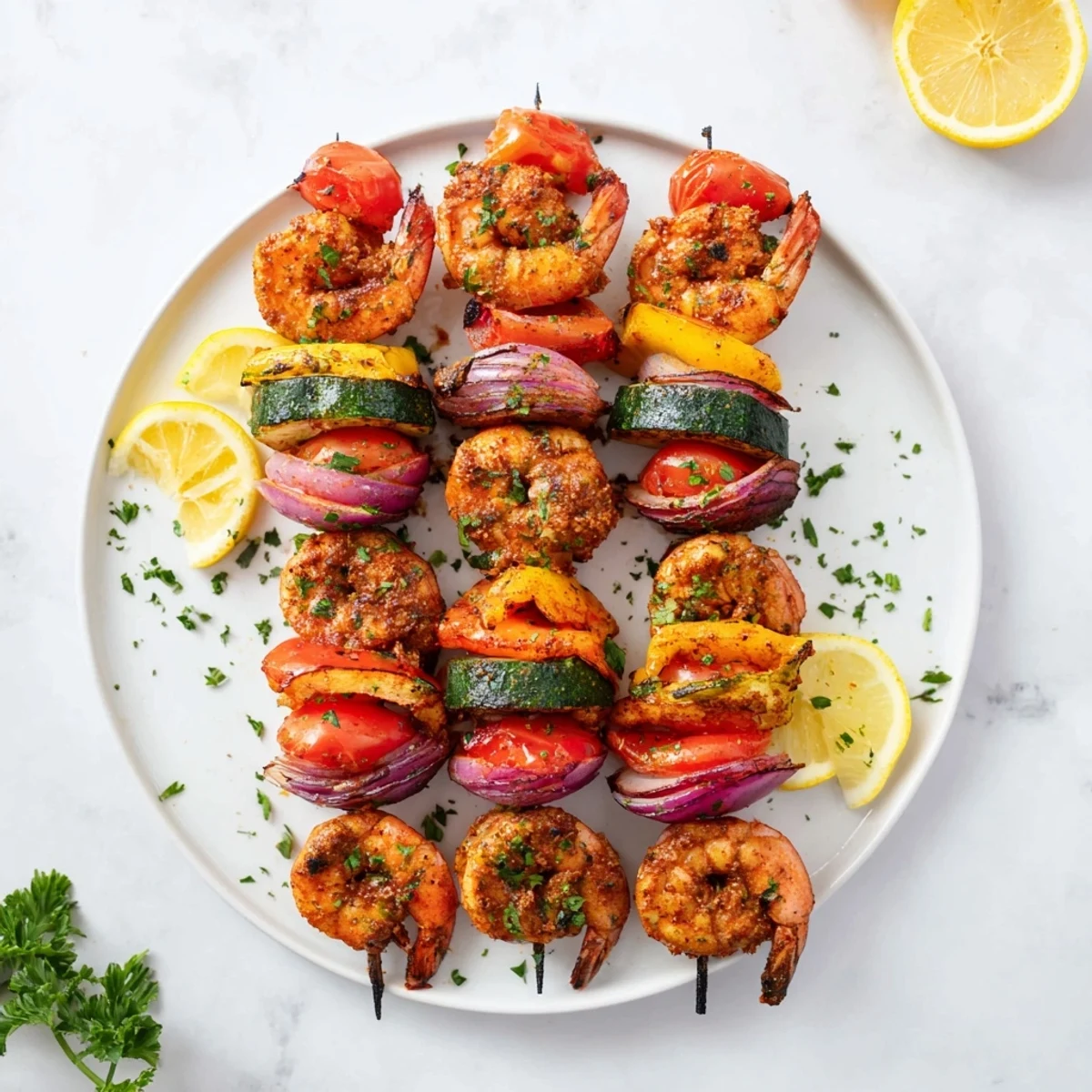Smoky Zesty Cajun Shrimp & Veggie Skewers garnished with parsley, ideal for summer dining.