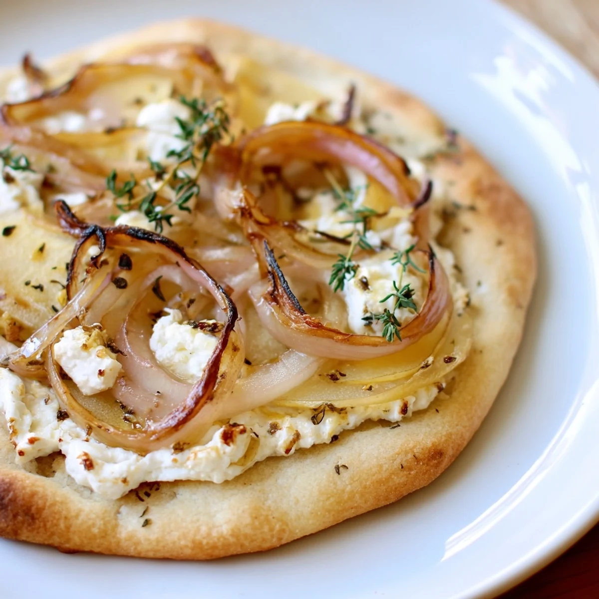 Golden caramelized onion and apple flatbread topped with creamy goat cheese and herbs.  