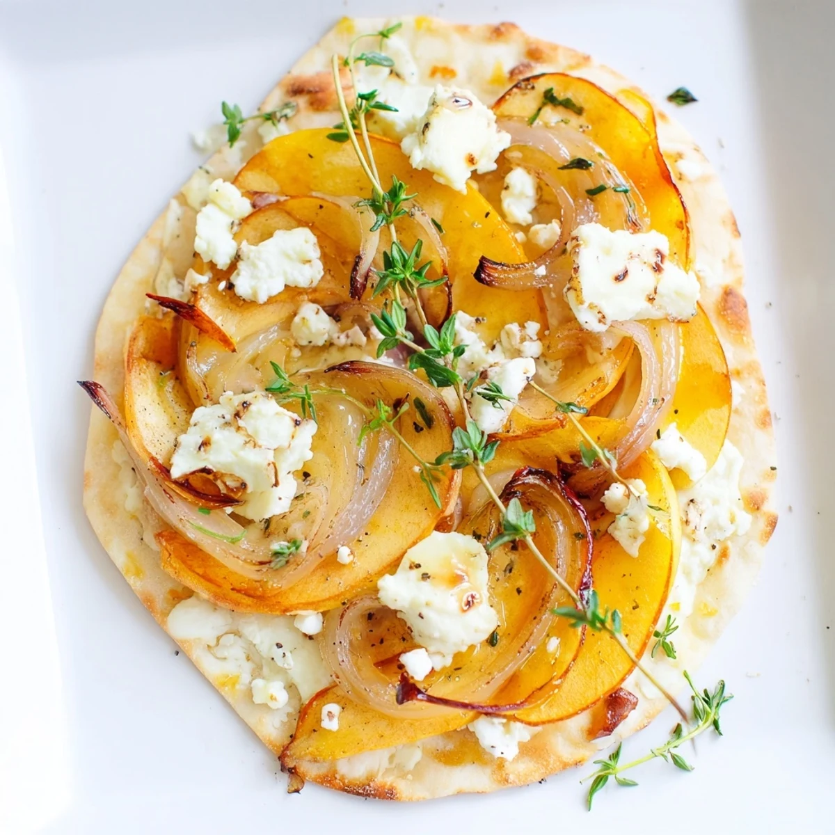 Savory caramelized onion & apple flatbread warm from the oven, drizzled with honey.  