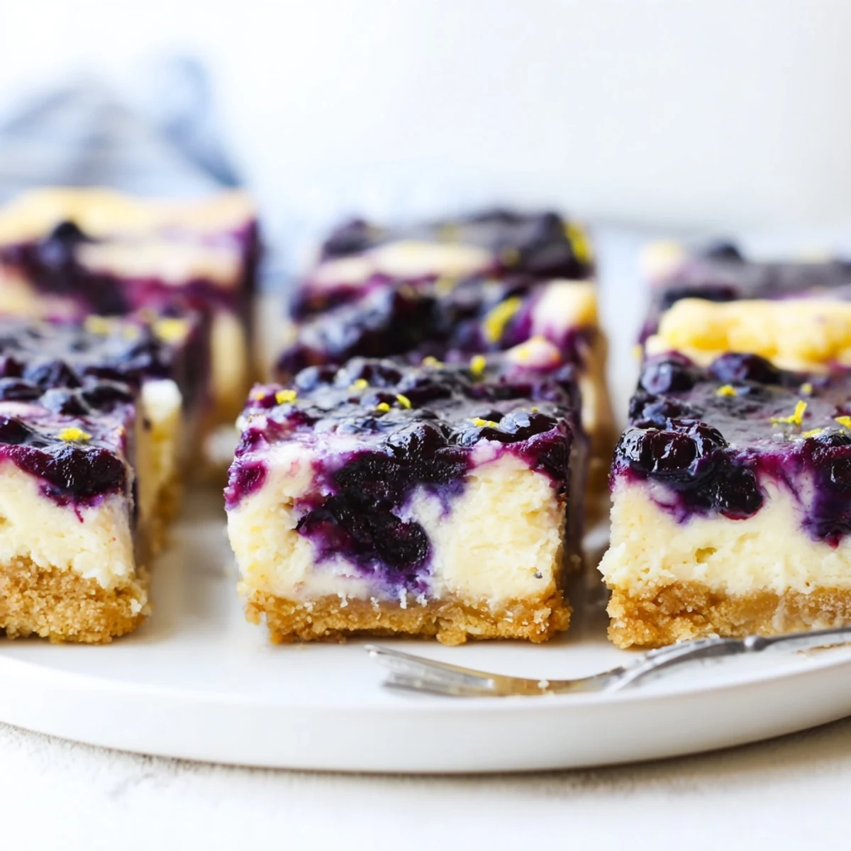 Delicious cheesecake bars swirled with fresh blueberries and zesty lemon, ideal for sharing.