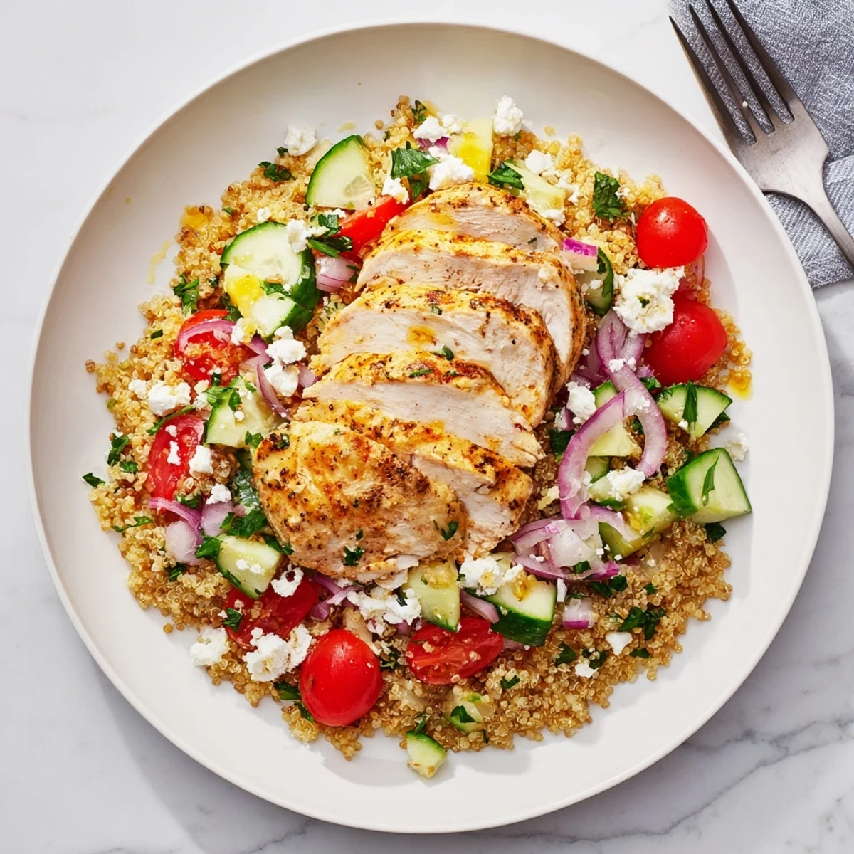 Colorful bowl of Lemon Dijon Chicken & Quinoa Salad, bursting with zesty flavors.  