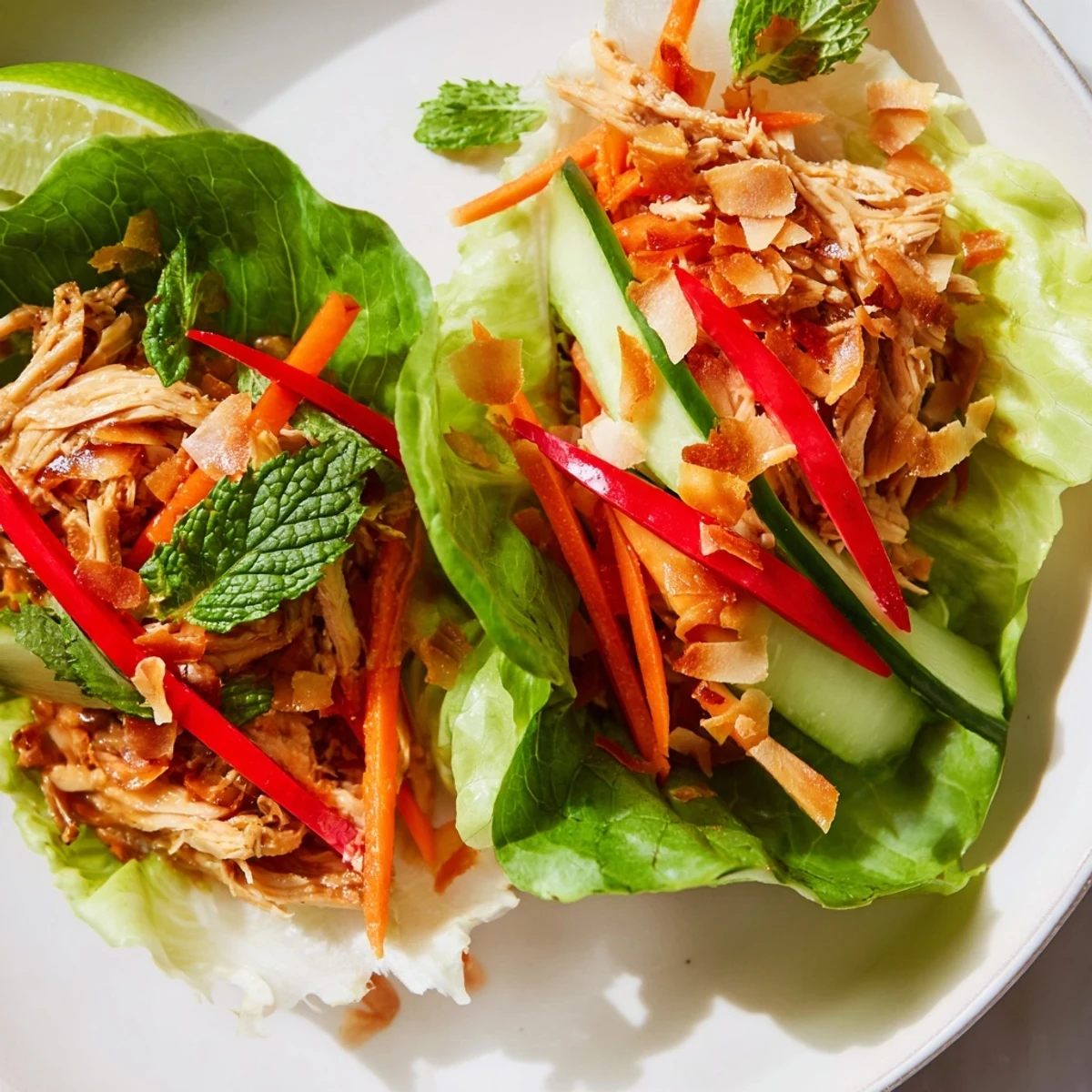 Zesty coconut lime chicken served in crisp lettuce leaves for a refreshing meal.  