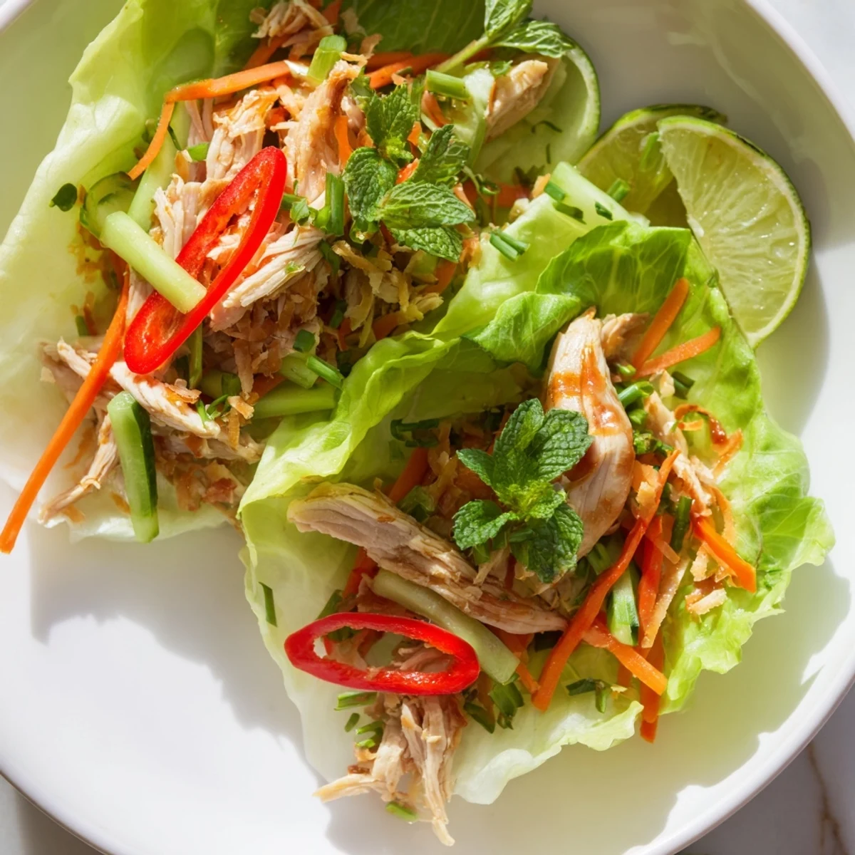 Tender coconut lime chicken wraps nestled in fresh lettuce with colorful veggies.  
