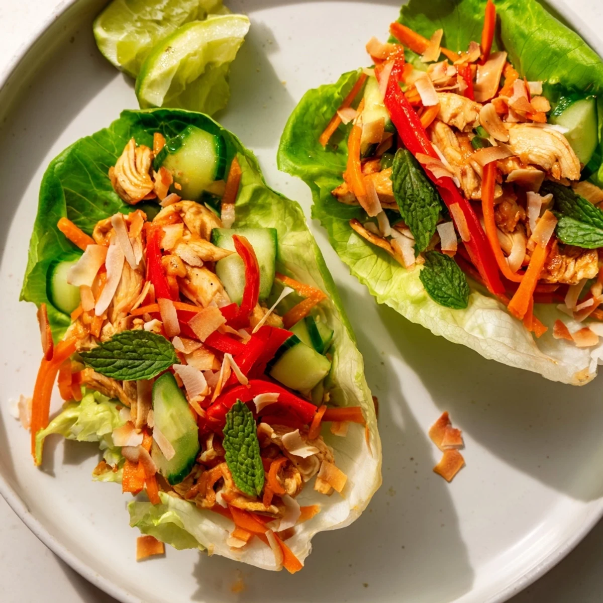 Delicious coconut lime chicken lettuce wraps topped with cilantro and toasted coconut.