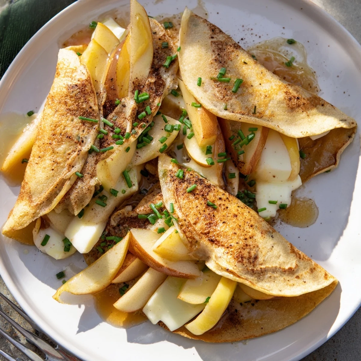 Golden crispy apple and Brie breakfast tacos drizzled with honey and chives.  