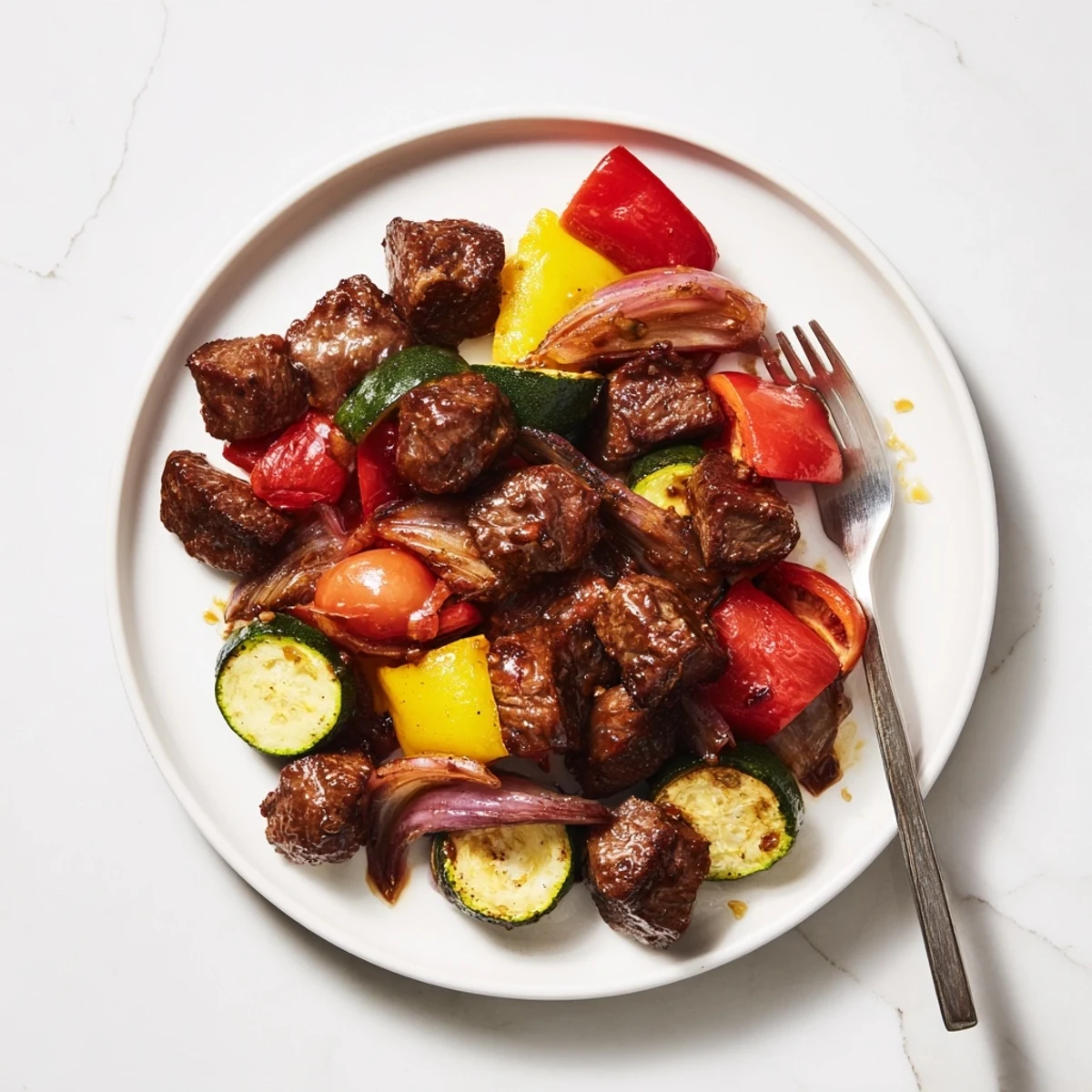 Delicious honey garlic steak bites drizzled in sauce, paired with colorful roasted veggies.