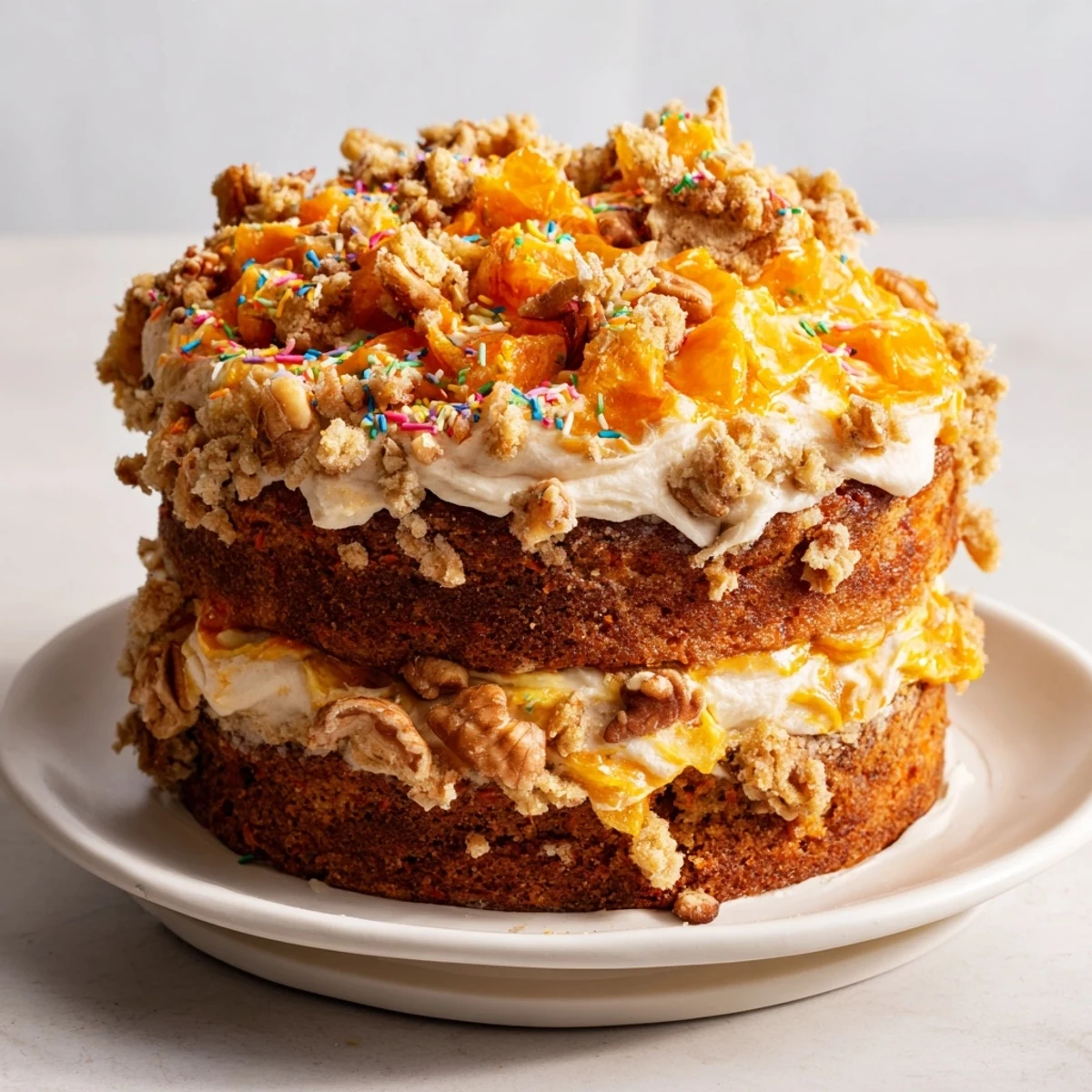 A slice of Silly Carrot Cake with Chaotic Cream Cheese Frosting, vibrant and irresistibly moist.
