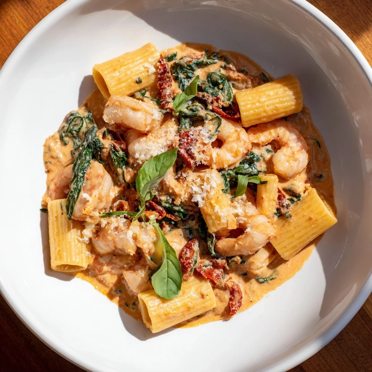 One-Pot Marry Me Shrimp Pasta with creamy tomato sauce, garnished with fresh basil for a delicious meal.