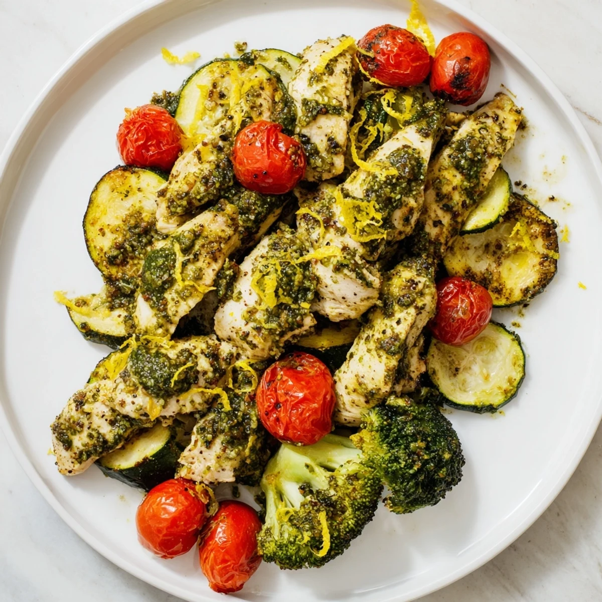 Golden-brown Quick Lemon Pesto Chicken Sheet Pan with roasted vegetables, a healthy Mediterranean delight.