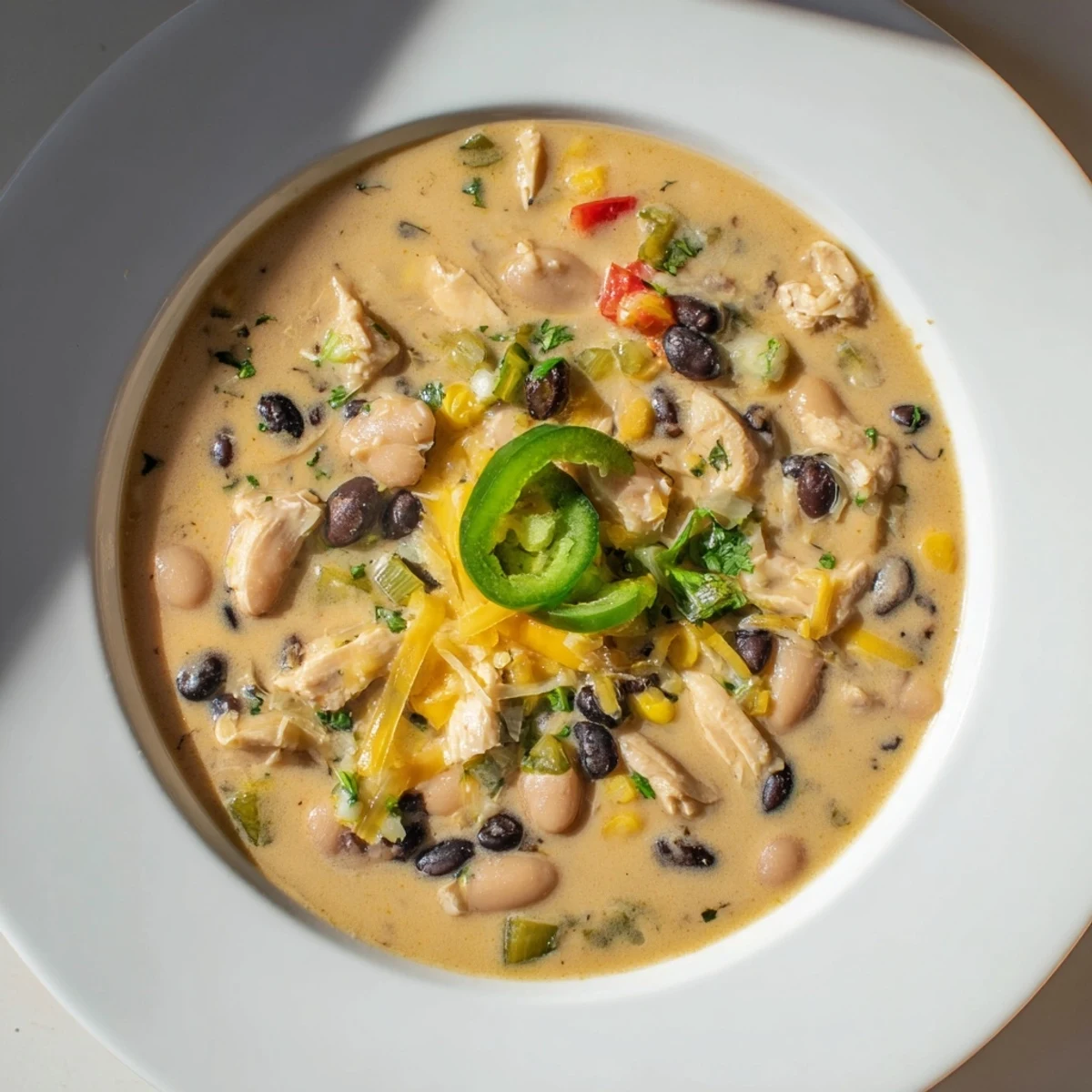 Steaming Slow Cooker White Chicken Chili with black beans, topped with fresh cilantro, ready to eat.
