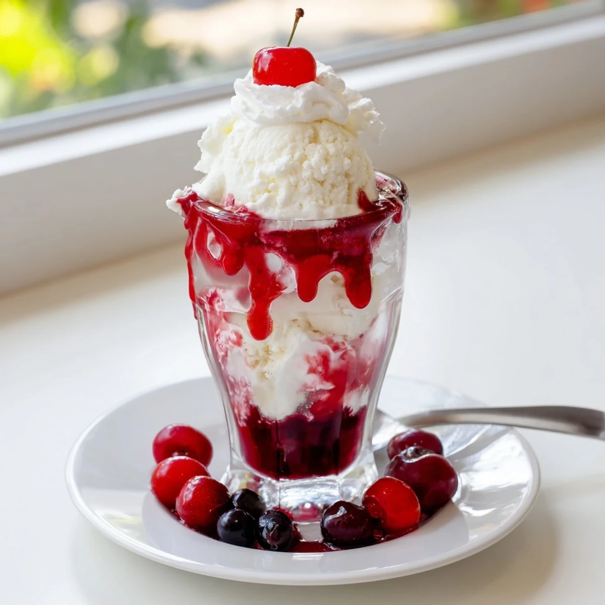 Homemade Fruit Soda Floats with vibrant cherries and vanilla ice cream, a refreshing summer treat.
