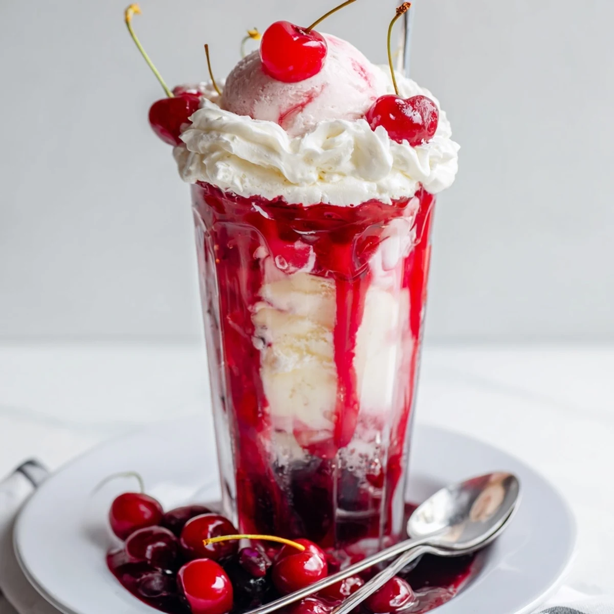 A tall Homemade Fruit Soda Float ready to be enjoyed, overflowing with fizzy soda and beautiful cherries.