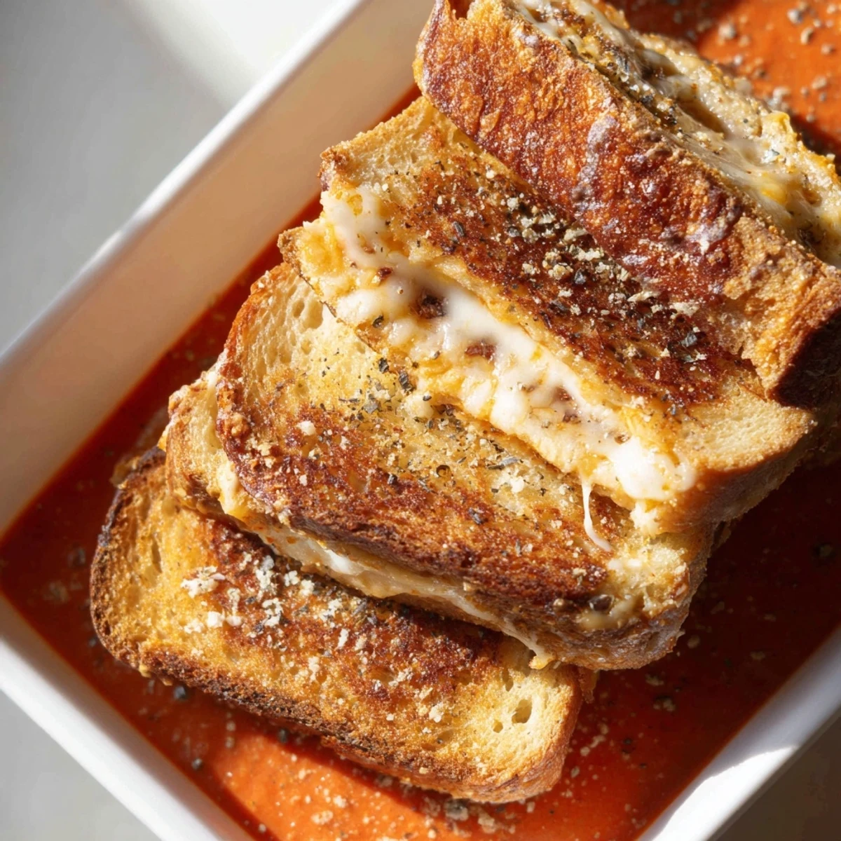 Golden, bubbly Easy Tomato Soup & Grilled Cheese Casserole Bake, ready to scoop and serve family style.