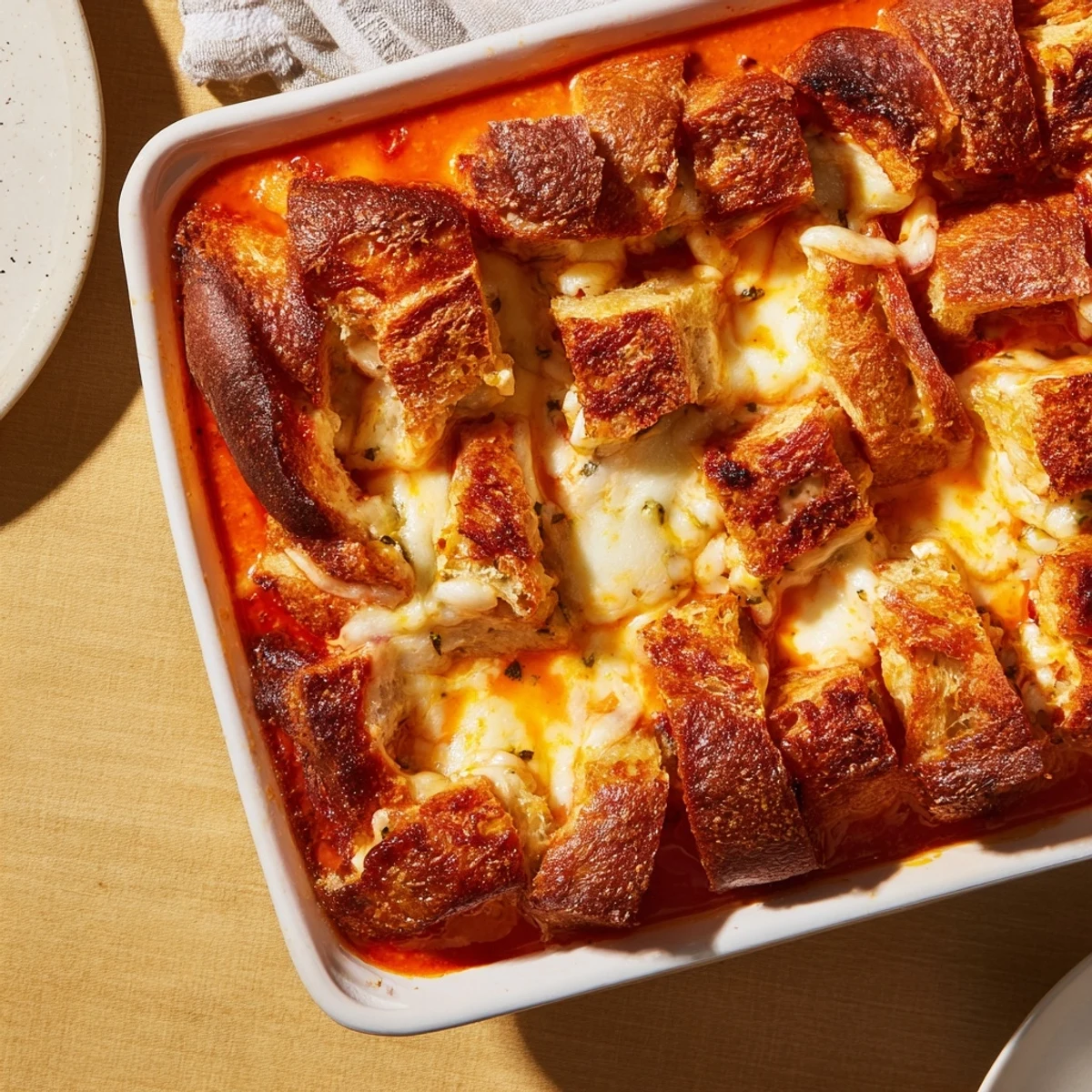 A close-up of a bubbling Easy Tomato Soup & Grilled Cheese Casserole Bake, filled with cheesy goodness.
