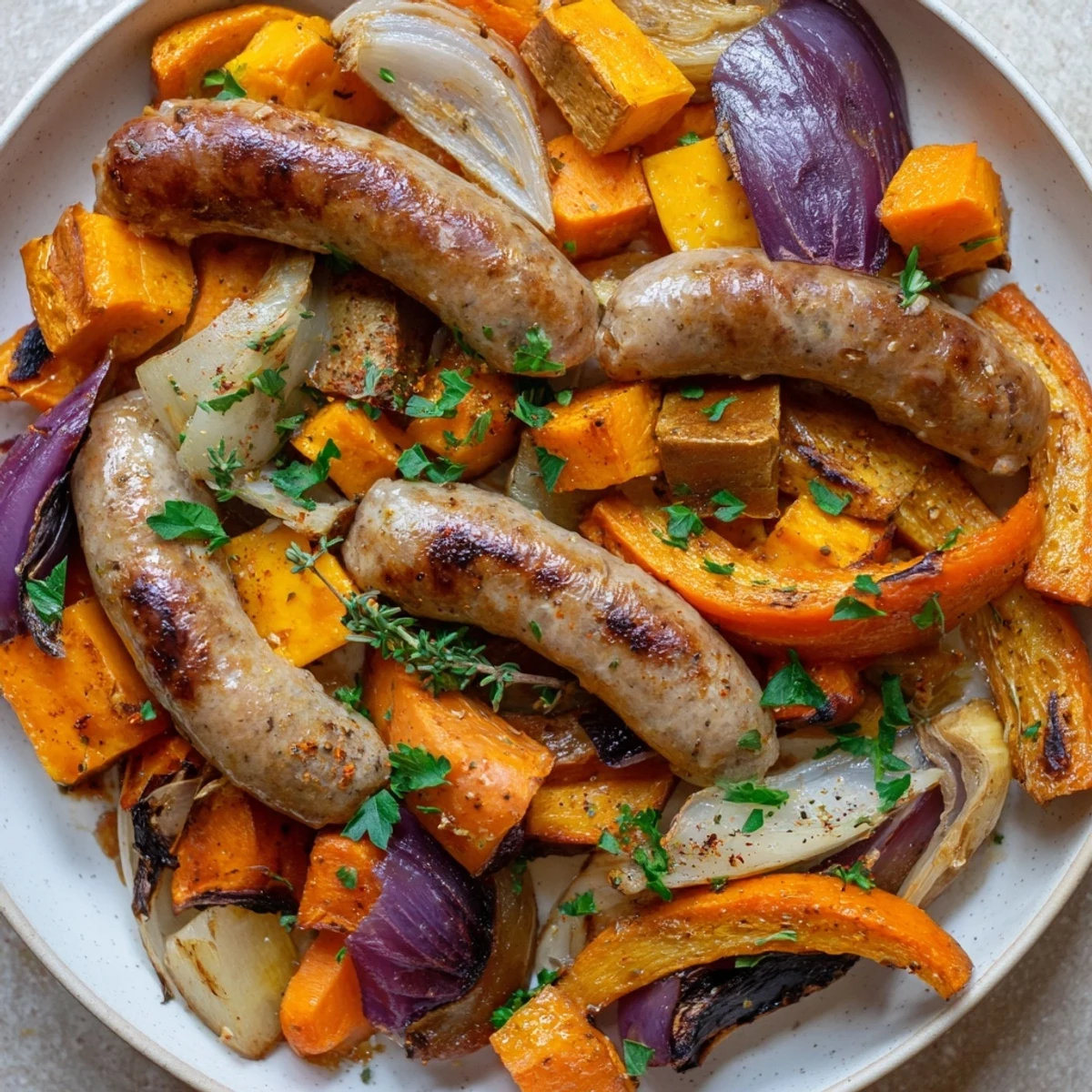Savory and satisfying: a delicious serving of sheet pan roasted sausage, squash, and flavorful root vegetables.